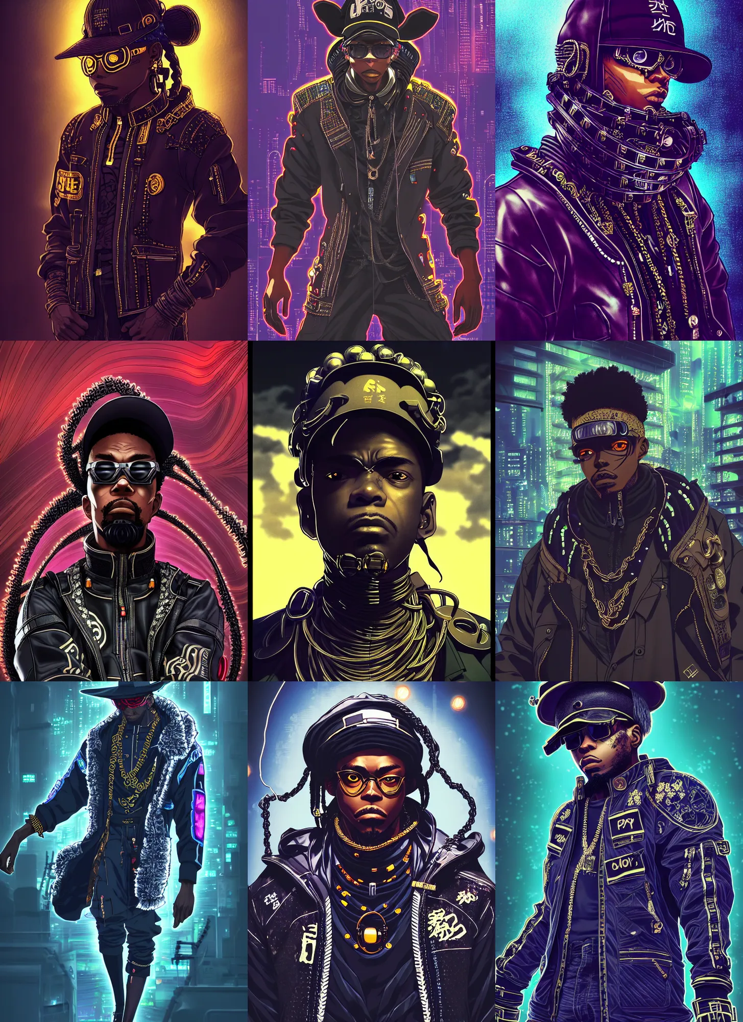 Prompt: by kyoto animation, very cool black man wearing cyberpunk intricate streetwear, beautiful, detailed portrait, intricate complexity, in the style of kehinde wiley, jojo's bizarre adventure, steel ball run, cell shaded, 4 k, concept art, pixiv. cinematic dramatic atmosphere, sharp focus, volumetric lighting, cinematic lighting, studio quality