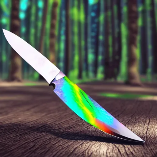 Image similar to fade crystal knife, macro shot, 3D rendering, colorful, in the forest, 8k, hyperdetalied, hyper realistic, artstation,