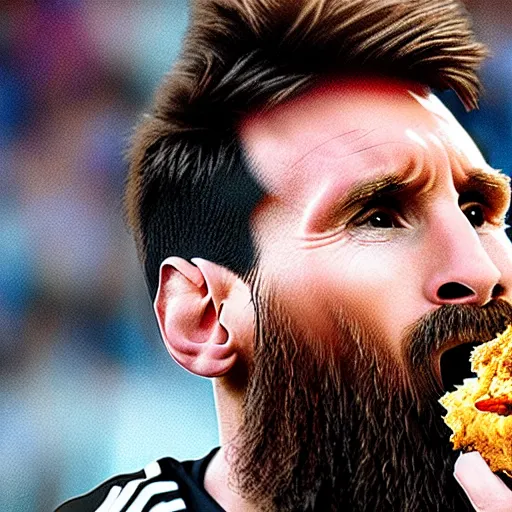 Prompt: lionel messi with a majestic beard eating a kfc zinger by yaacov agam