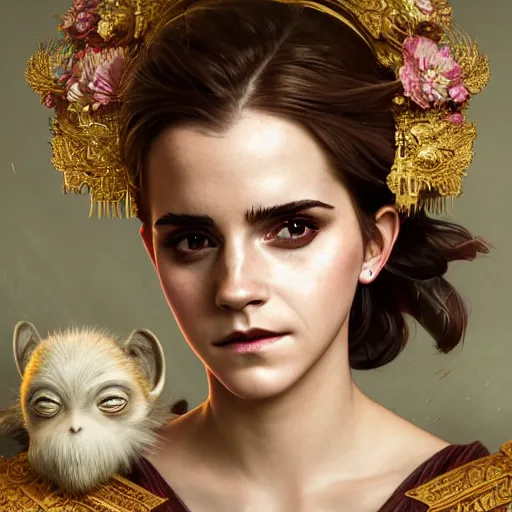 Prompt: a photorealistic dramatic fantasy render of a beautiful woman emma watson wearing a beautiful intricately detailed japanese monkey kitsune mask and clasical japanese kimono by wlop, artgerm, greg rutkowski, alphonse mucha, epic, beautiful dynamic dramatic dark moody lighting, shadows, cinematic atmosphere, artstation, concept design art, octane render, 8 k