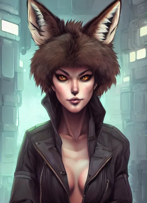 Prompt: beautiful portrait commission of a sexy female furry anthro coyote fursona wearing mechanic clothes in a cyberpunk spaceship hangar. character design by charlie bowater, ross tran, artgerm, and makoto shinkai, detailed, inked, western comic book art