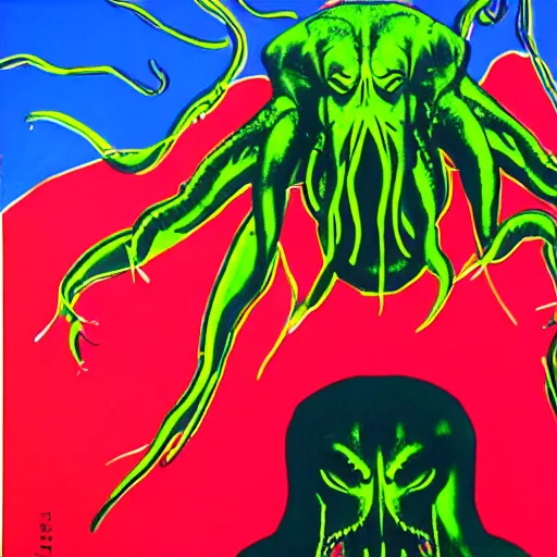 Prompt: Cthulhu, painting by Andy Warhol, museum quality