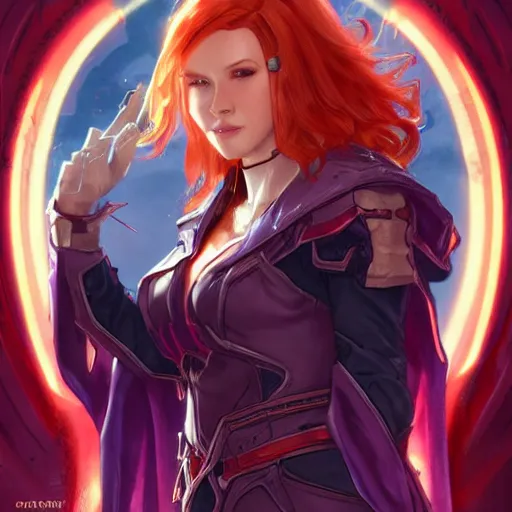 Image similar to barbara gordon in destiny warlock robes, beautiful face!!!!, 2 7 years old, long strawberry red blonde hair, cg animation, realistic, character select portrait, by artgerm, greg rutkowski, alphonse mucha, 3 d