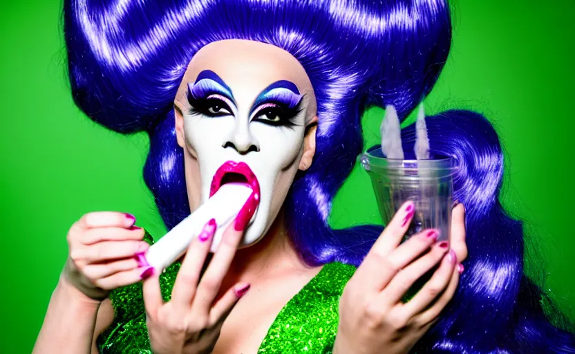 Prompt: portrait a fantasy drag queen licks powder, on a grass