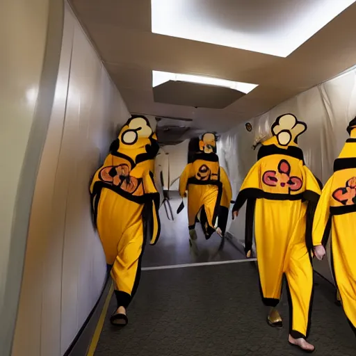 Prompt: several men with bee costumes and bee wings running down the corridor of a capsule hotel