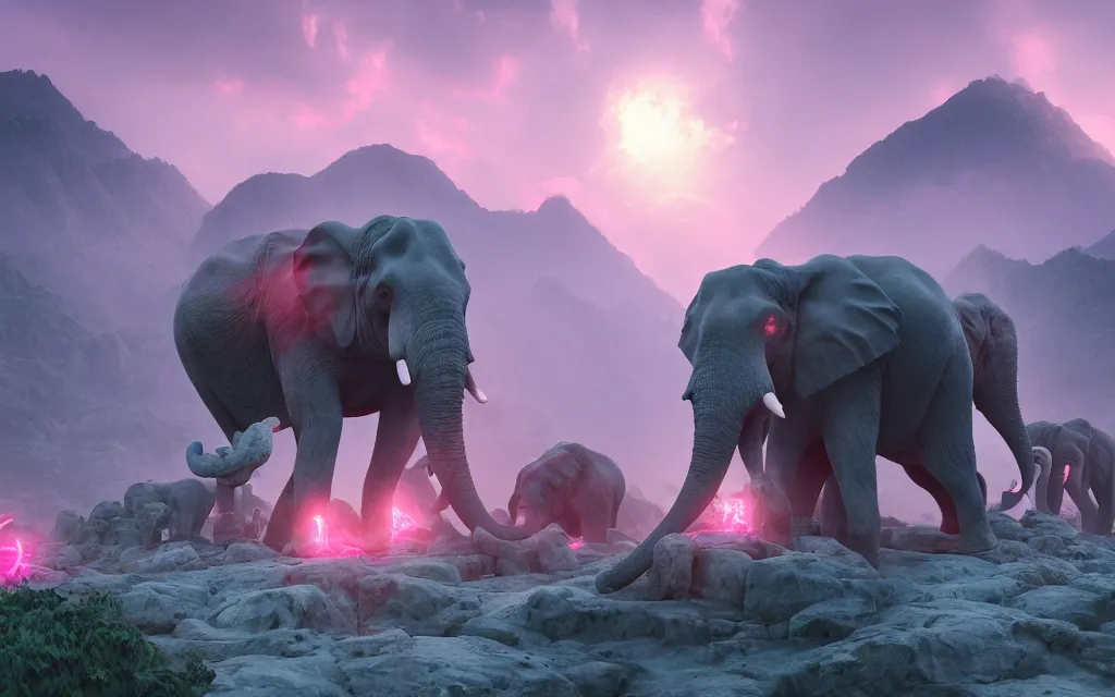 Image similar to a crowd of small blue necromancers summoning a giantic pink antropomorphic cyborg elephant lying on top of a rock, twilight lightning, montains in the background, volumetric fog, realitistic, high contrast, ultra detailed, 8 k render, cycles render engine, volumetric fog