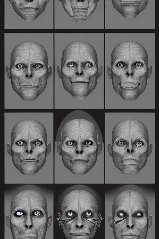 Image similar to latin facial anatomy with gunmetal grey skin, medical anatomy, very symmetrical face, highly detailed, three - perspective / three - view reference sheet ( front / back / side ), in the style of dan ouellette, steven jung, amanda lilleston, hr giger, sil from species, dren from splice, mecha, artstation, unreal engine