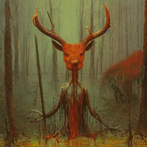 Image similar to forest god walking in the swamp, antlers and flesh exposed, giant horns, resembling deer, highly detailed beksinski art