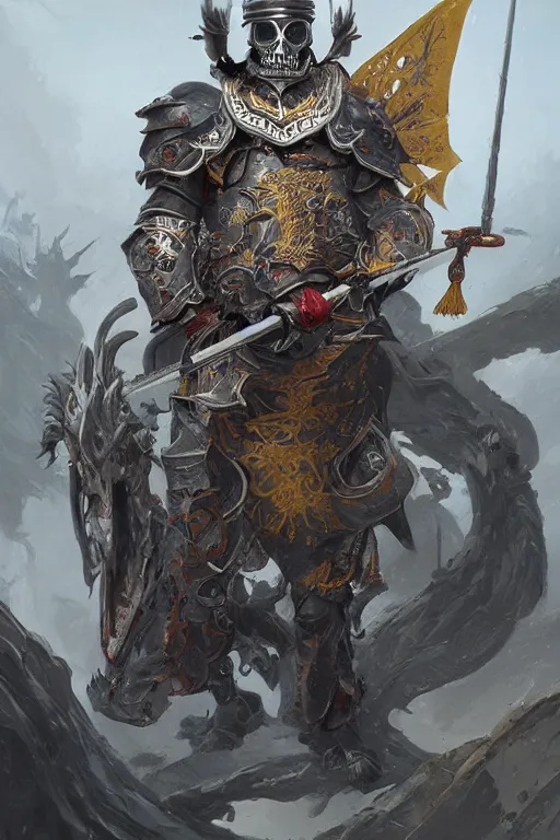 Image similar to portrait of a skeleton with chinese dragon in armor and helmet, majestic, solemn, big sword, wearing helmets and armor with wings, symmetrical, solemn, sacred, aura, art by greg rutkowski, matte painting, trending on artstation