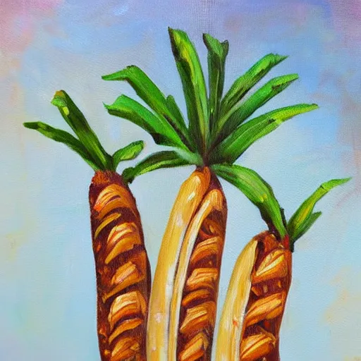 Prompt: baguettes on a banana palm, intricately detailed acrylic painting