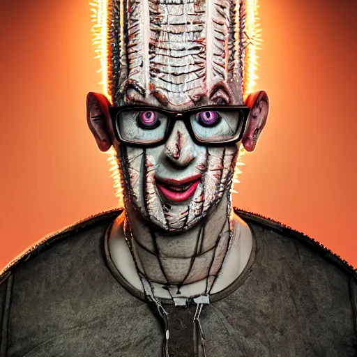 Image similar to blippi - pinhead - hellraiser, indoors, cinematic - lighting, photorealistic, high - detail, 4 k, octane render,