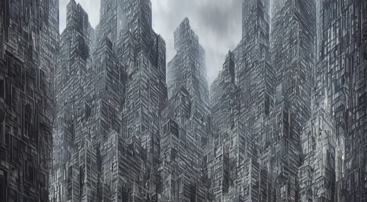 Prompt: intricate fractal patterned building facade using wood and glass, i'm new york city with a cloudy dramatic sky, hyperrealism, 4 k octane render, photorealistic concept art, highly detailed