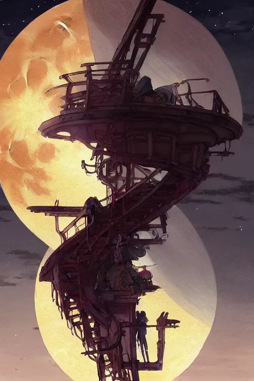 Image similar to a full moon containing the blood and battle glimmering stairways to otherworldly galaxies, high intricate details, rule of thirds, golden ratio, cinematic light, anime style, graphic novel by fiona staples and dustin nguyen, by beaststars and orange, peter elson, alan bean, studio ghibli, makoto shinkai