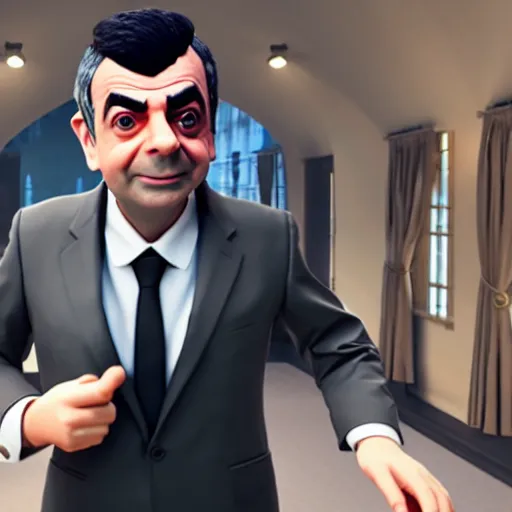 Image similar to in - game screenshot of rowan atkinson in fornite, 3 d render, unreal engine, octane render, ray tracing, unity, highly detailed, high quality, hd, 4 k, 8 k, realistic, sharp, trending