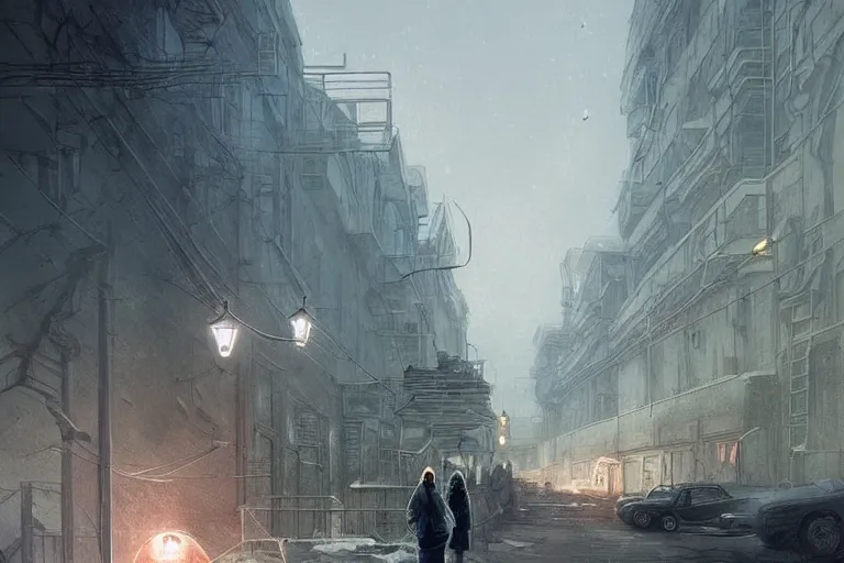 Image similar to lonely on the streets of Russian commie blocks on the Moon city, Norilsk, sci-fi, fantasy, earth seen on the dark sky, intricate, very very beautiful, elegant, highly detailed composition, digital rendering, artstation, concept art, smooth, sharp focus, illustration, art by artgerm and greg rutkowski and alphonse mucha