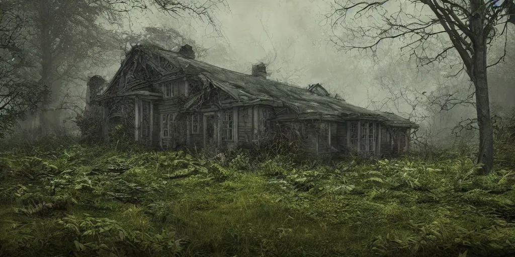 Image similar to photorealistic, ruined english bungalow, overgrown vegetation, in the forest, apocalypse, night, fog, shadowy creatures lurking in foliage, cthulhu, hellscape, hyperrealistic, grimdark, artstation