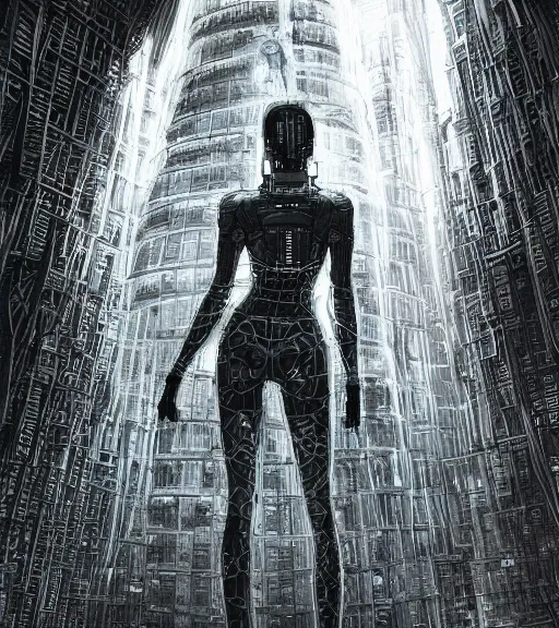 Prompt: andrei tarkovsky cyberpunk greatest scene, ancient tower of babylon, woman in transparent cyber clothing, hyperrealistic, blame, manga style, drawing by tsutomu nihei, cyber world, ambient lighting, concept art, hyper - detailed, smooth, masterpiece, epic, ray tracing, cinematic, high quality