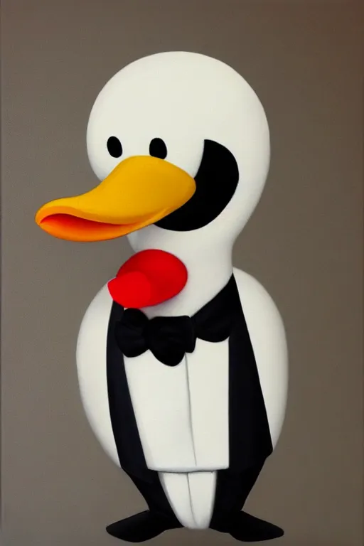 Image similar to man anthropomorphic duck wearing a white tuxedo oil on canvas full shot trending on artstation