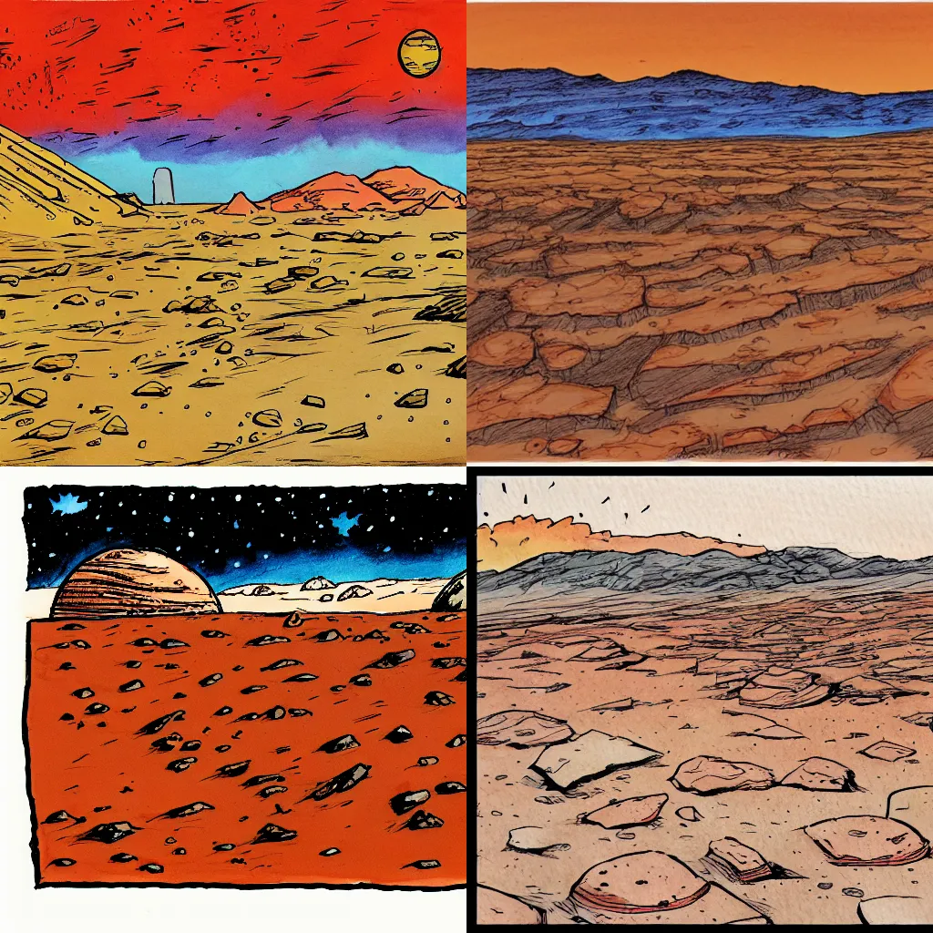 Prompt: drawing of the surface of mars in the style of bill watterson, ink and watercolor, vivid colors