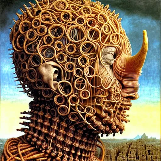 Prompt: zoomed out half boy half rhino made of spaghetti, intricate armor made of spaghetti fractals, ancient warrior, samurai style, by giuseppe arcimboldo and ambrosius benson, renaissance, intricate and intense oil paint, a touch of beksinski, realistic