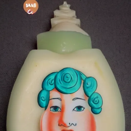 Image similar to a bar soap character is wearing a dress, her head is a bar soap