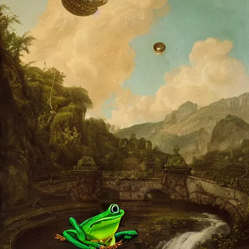 Image similar to a happy frog by Ansel Adams and Bernardo Bellotto, oil on canvas, artstation, dramatic scenery, masterpiece, aesthetic