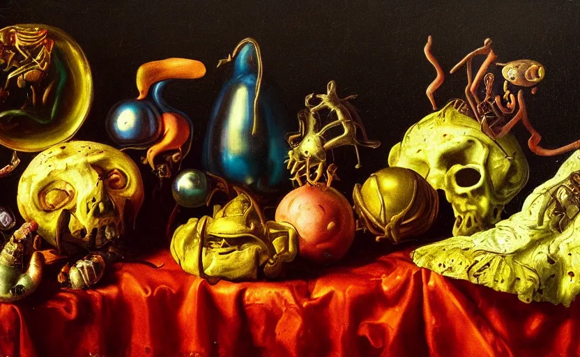 Image similar to disturbing colorful oil painting dutch golden age vanitas still life with bizarre objects strange gooey surfaces shiny metal bizarre insects rachel ruysch dali todd schorr very detailed perfect composition rule of thirds masterpiece canon 5 0 mm, cinematic lighting, photography, retro, film, kodachrome