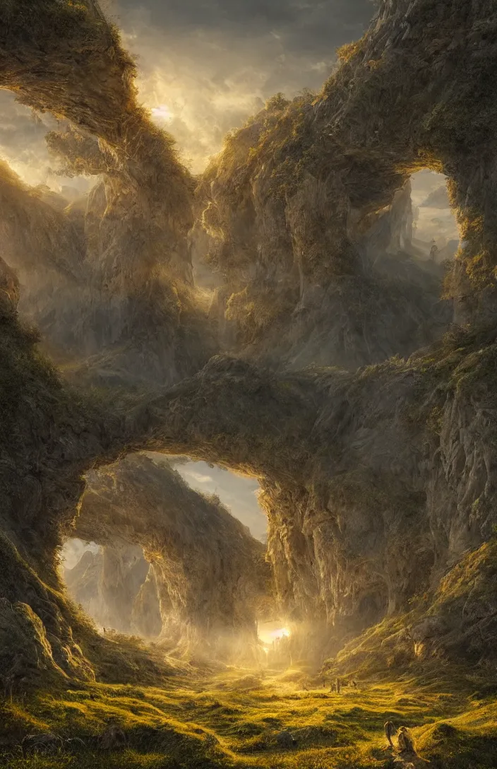 Prompt: a highly detailed light portal within a swiss landscape, detailed, hyperreal phantastic, intricate details in environment, luminance, golden ratio, high aestehtic, cinematic light dramatic light, godrays, distance, photobash, wideangle, terrence malick, hyperreal 4 k