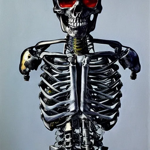 Image similar to terminator skeleton, looking away from camera, framed painting, hyperrealism vrubel
