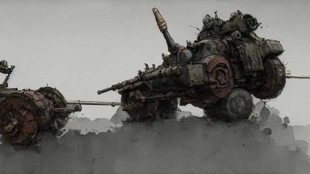 Image similar to side view of howitzer cannon, watercolored, jakub rozalski, dark colours, dieselpunk, artstation