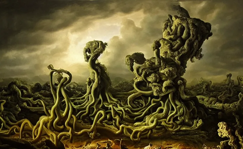 Prompt: strange hyper real disturbing tendril surrealistic landscape with very small strange figures in the distance with large looming shiny biomorphic skinny figures looming inthe foreground, cast shadows, chiaroscuro, painted by dali and rachel ruysch, timeless disturbing masterpiece