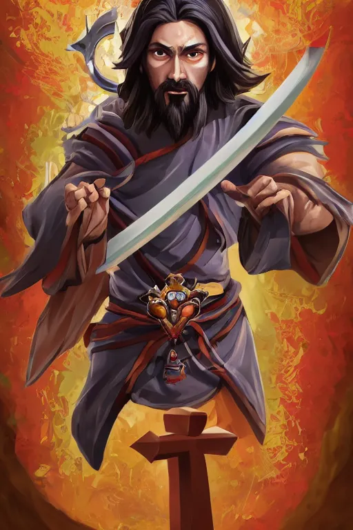 Image similar to A card with description and status of samurai Jesus Christ as a DOTA 2 character holding a Sacred Heart armor and katana, card game, card, trade card game, Artifact Dota2, by Stanley Artgerm Lau, WLOP, Rossdraws, James Jean, Andrei Riabovitchev, Marc Simonetti, Yoshitaka Amano, ArtStation, CGSociety,