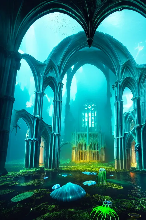 Prompt: high quality photo of cinematic underwater dystopian neo - gothic cathedral ruins with giant luminescent colorful aquatic plants and jellyfish, digital art masterpiece, aykut aydogdu eric zener, dramatic volumetric light, long shot, ground angle uhd 8 k, sharp focus