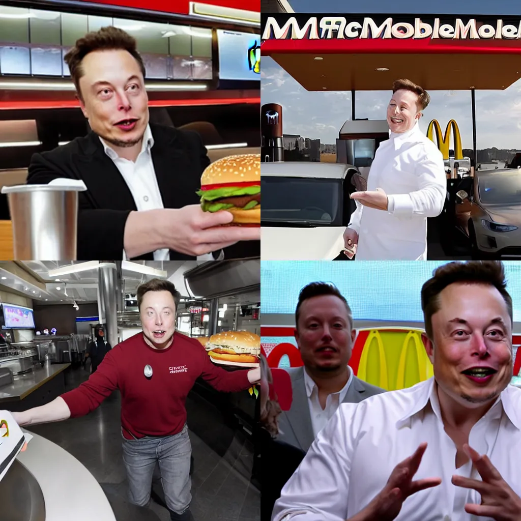 Prompt: elon musk flipping burgers at a fast food restaurant, mcdonalds, big mac