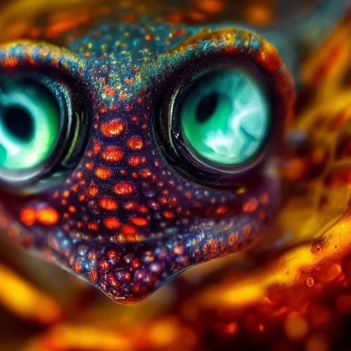 Image similar to fiery whimsical emotional eyes cephalopod, in a photorealistic macro photograph with shallow dof and bokeh, artstation