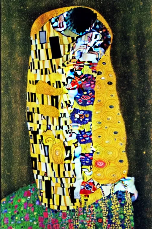 Image similar to gustav klimt the kiss with kissed Nicolas Cage face