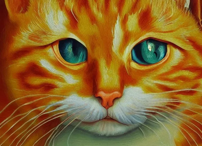 Image similar to detailed realistic realism painting of lasagna that looks like an orange tabby cat, at dusk, in the style of vincent van gogh and salvador dali and leonardo da vinci