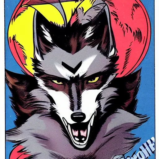 Image similar to 1 9 8 0 s comic book cover scan featuring a portrait of villain male wolf o'donnell anthropomorphic wolf furry fursona from starfox wearing a dark space mercenary uniform, dark grey wolf, handsome eyes, wolf o'donnell