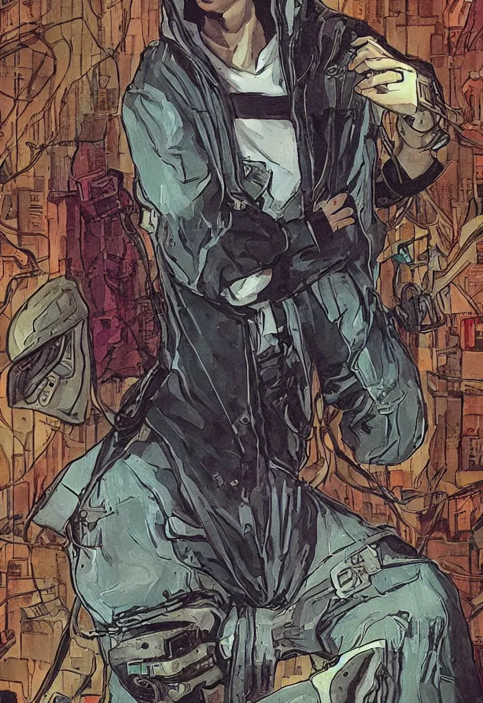 Image similar to the hanged man as a cyberpunk tarot card