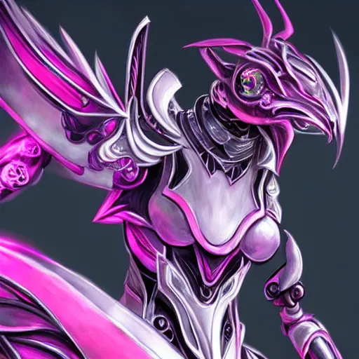 Image similar to highly detailed exquisite fanart, of a beautiful female warframe, but as an anthropomorphic robot dragon with glowing purple eyes, shiny silver armor with fuchsia accents, engraved, elegant pose, close-up shot, full shot, epic cinematic shot, sharp claws for hands, professional digital art, high end digital art, singular, realistic, DeviantArt, artstation, Furaffinity, 8k HD render