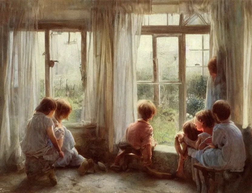 Image similar to peasant kids watching old tv in country house, back view, cottage core, cinematic focus, polaroid photo bleached vintage pastel colors high - key lighting, soft lights, foggy, by steve hanks, by lisa yuskavage, by serov valentin, by tarkovsky, 8 k render, detailed, oil on canvas