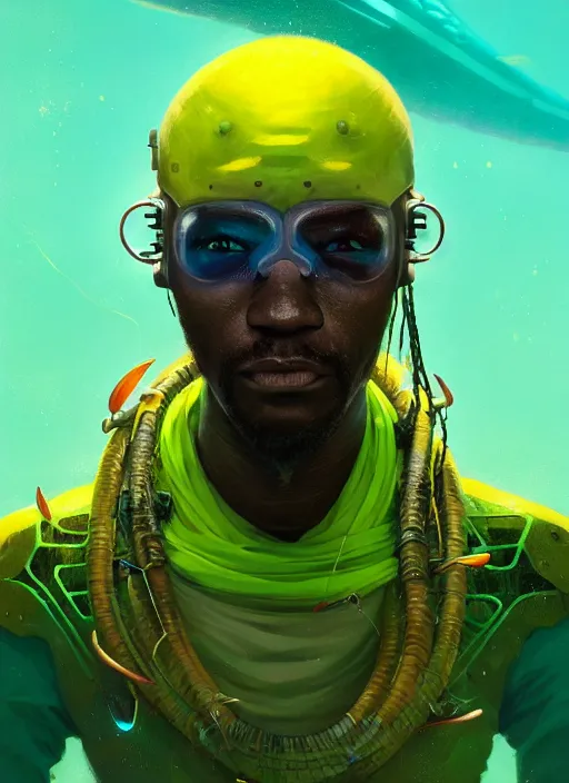 Image similar to portrait of a male jamaican fisherman sci - fi glowing fishing armor fishing rod cyberpunk muscular intricate elegant highly detailed digital painting artstation concept art, ocean background, yellow green black, cinematic, greg rutkowski, loish, rhads, ferdinand knab, makoto shinkai and lois van baarle, ilya kuvshinov, rossdraws, tom bagshaw