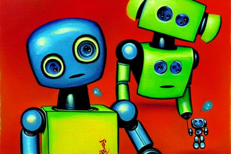 Prompt: a cute little robots painting by kelly freas