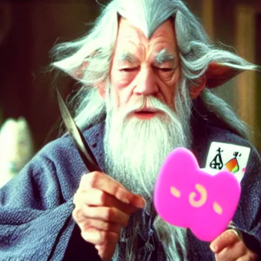 Prompt: portrait of Gandalf dressed up as hello kitty, holding up a playing card to the camera, movie still from Lord of the Rings