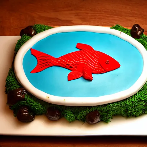 Image similar to fish themed birthday cake, food photography, michelin star,