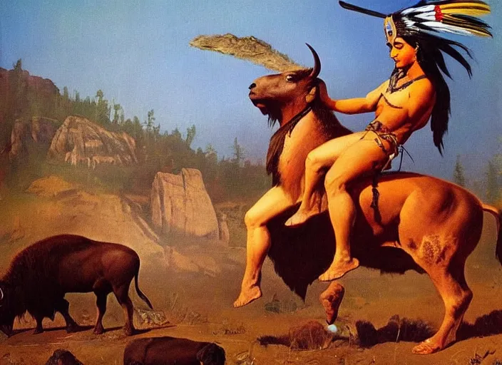 Prompt: powerful native american warrior!! beautiful native american sitting on bison, buffalo, nineteenth century painting, painted by frank frazetta