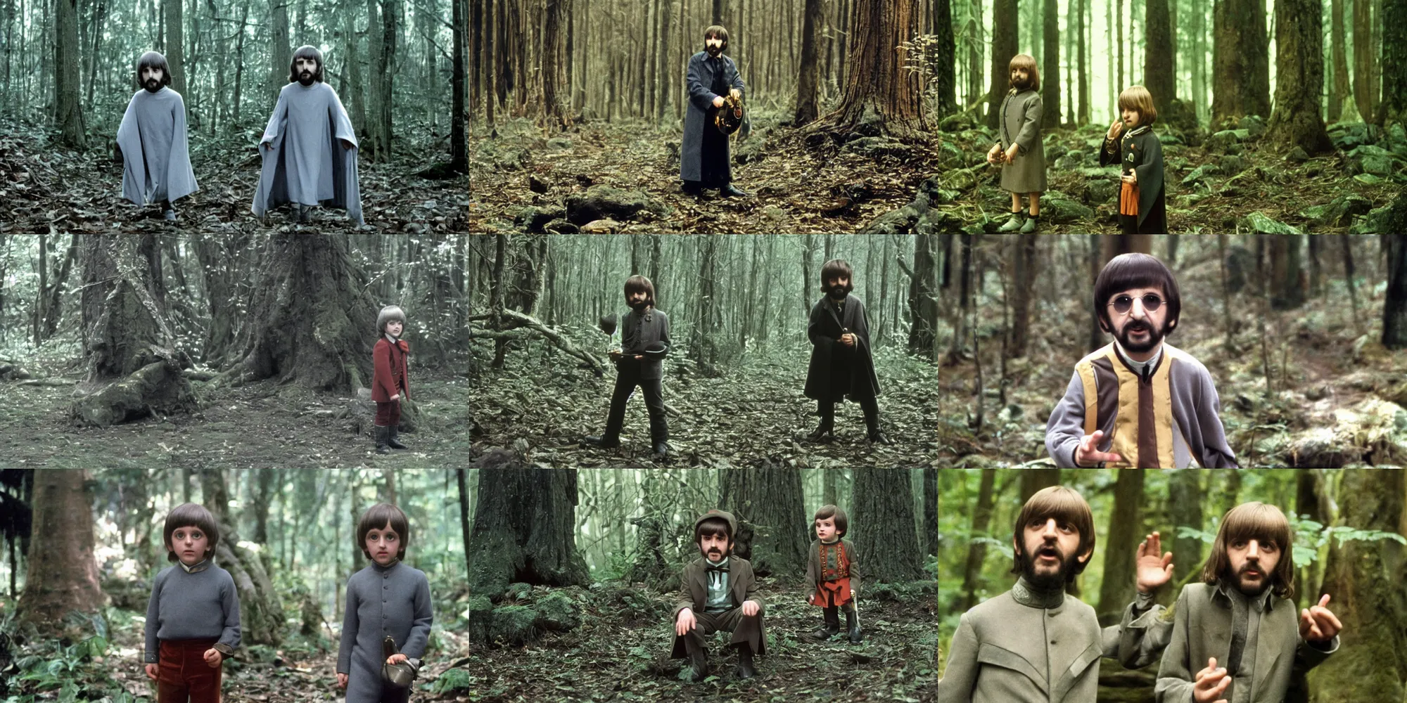 Prompt: A full color still of young Ringo Starr dressed as a gray wizard in the forest, directed by Stanley Kubrick, 35mm, 1970