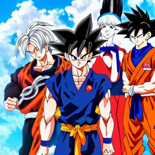 Prompt: anime key visual of goku's family posing for a photo, official media