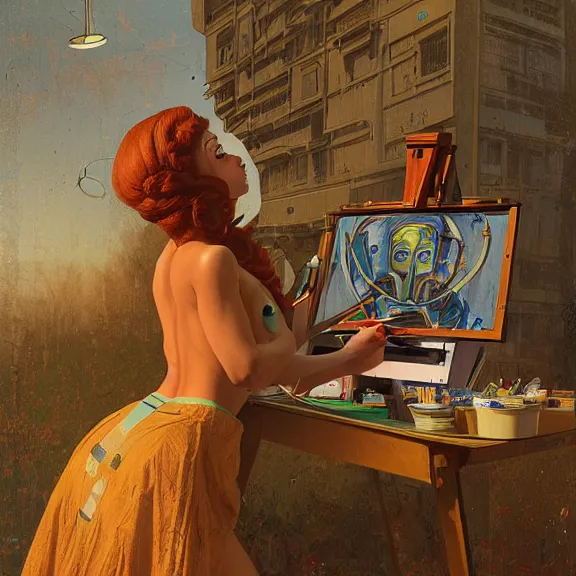 Image similar to robot artist painting a self - portrait on a canvas. intricate, highly detailed, photorealistic, digital matte painting, in the style of alexandros pyromallis, and in the style of sachin teng, and in the style of hans thoma, and in the style of gil elvgren. irony, recursion, golden hour.