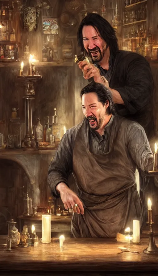 Image similar to keanu reeves as fat drunk tavern owner, apron, laughing, candles, fame of thrones, warhammer, fibonacci, sweat drops, intricate fashion clothing, insane, intricate, highly detailed, surrealistic, digital painting, artstation, concept art, smooth, sharp focus, illustration, unreal engine 5, 8 k, art by artgerm and greg rutkowski and alphonse mucha